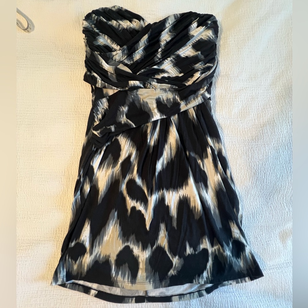 Express Black and White Ruched Strapless Sheath Dress
